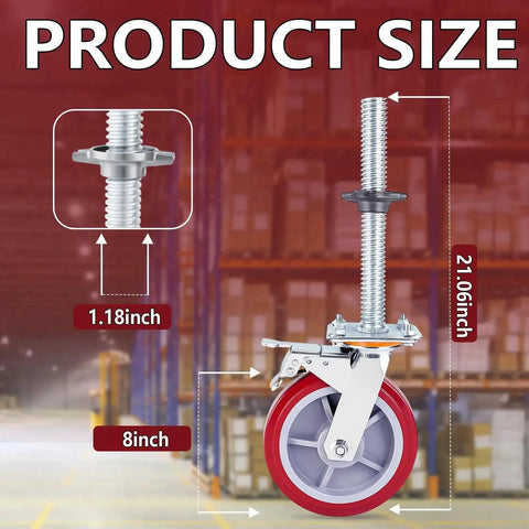 Four Pack 8 Inch Adjustable Leveling Scaffolding Wheels with Brakes, red polyurethane wheels, 21-inch height, warehouse background