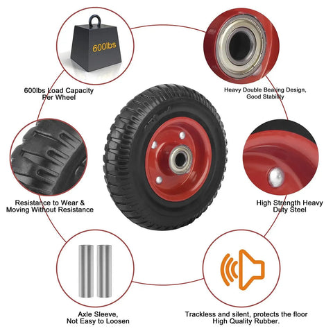 8 Inch Flat Free Solid Rubber Caster Wheel Assemblies For All Terrain Carts And Wagons, Heavy Duty Metal Ball Bearing Wheels Load 1200 Lbs with features