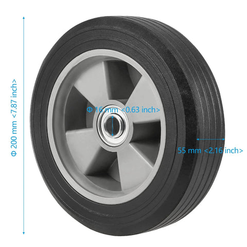 ✝️ 2 pack 8 inch solid rubber replacement wheels, flat free hand truck tires with 5/8" axle, close-up of one wheel showing dimensions.