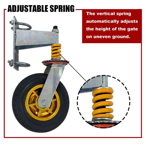 8 Inch Gate Caster Wheels for Metal Swing Gates and Wooden Fences, 360 Degree Swivel, Spring Loaded for Smooth Operation, Auto Height Adjustment on Uneven Ground, Prevents Gate Sagging, Heavy Duty 600 Lbs Capacity, 2 Pack shown with adjustable spring feature.