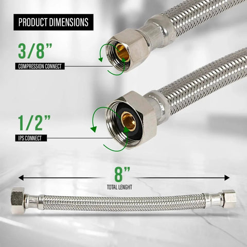 8 Inch Stainless Steel Faucet Connector Braided Brass Nuts One Half Inch IPS To Three Eighths Inch Female Thread Compression Fitting Chrome Plated Lead Free Pack Of 2 Leak Resistant Easy Install For Toilet And Sink product dimensions