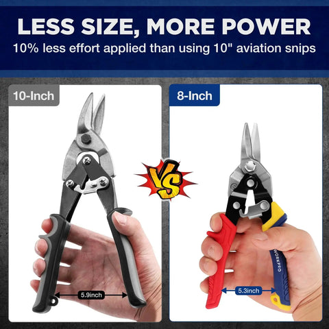 Image comparing 10-inch and 8 Inch Aviation Snips Straight Cut Heavy Duty Metal Cutter With Safety Lock Non Slip Handle CRV Steel.