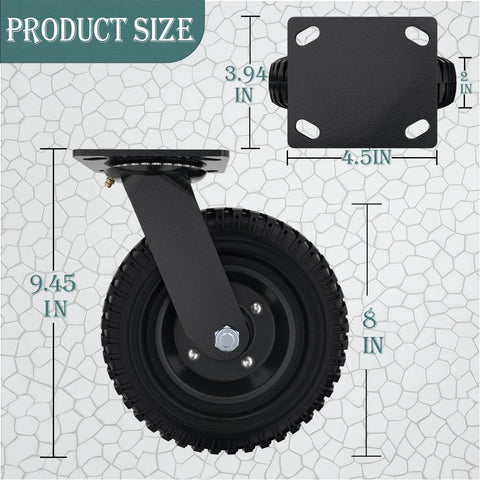 Swivel heavy duty caster wheel, 8 inch*2, 1000lb capacity, black rim, solid rubber, cast iron, outdoor, flat free size measurements