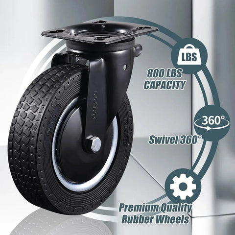 8 Inch Heavy Duty Caster Wheels Set Of 4 With 2 Swivel And 2 Fixed Industrial Rubber Casters 3200 Lbs Capacity For Utility Carts Workbenches Warehouse Equipment Trucks And Dolly Includes Mounting Hardware close-up view of swivel caster wheel on a metal surface