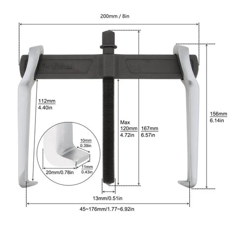 Heavy Duty 8 Inch Two Jaw Gear Puller With Reversible Claws For Internal And External Bearing And Pulley Removal