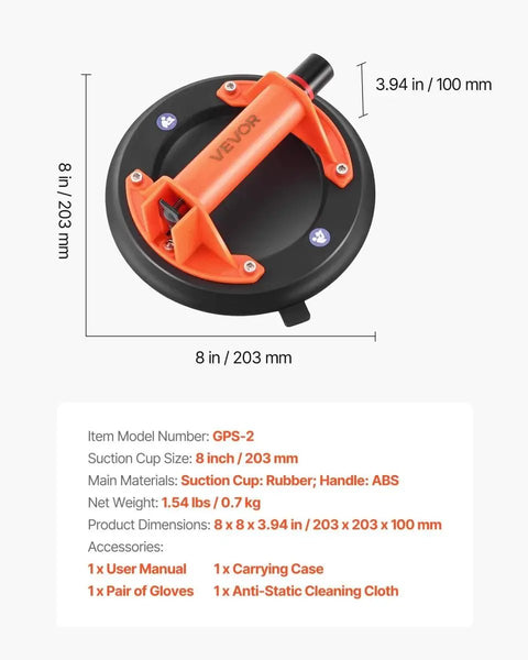 8-Inch Heavy-Duty Vacuum Suction Cup Lifter With ABS Handle, 400 Lb Max Lift Capacity, shown with dimensions and components