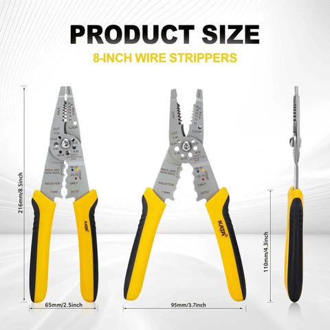 8 Inch Wire Stripper And Crimping Pliers For 10-22 AWG Solid And Stranded Wire with non-slip grip and measurement sizes shown