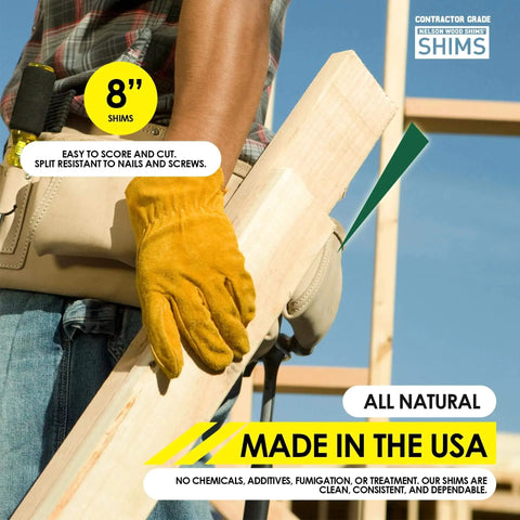 Person using Contractor Grade Wood Shims 56 Count 8 Inch Pack for Leveling and Precise Alignment Easy Snap Design in carpentry work.