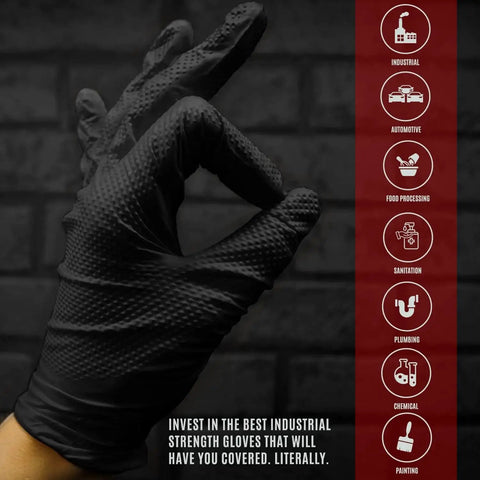 Hand wearing 8 Mil Powder Free Nitrile Diamond Textured Gloves Heavy Duty XL showing grip texture against industrial icons backdrop.
