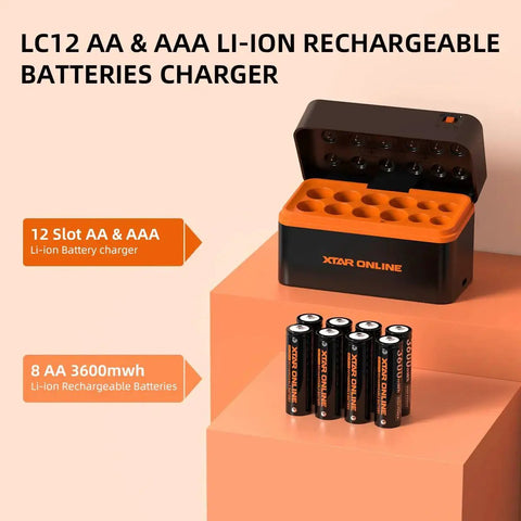 8 Pack High Capacity 3600mWh AA Li-ion Rechargeable Batteries With Charger displayed with open slots and batteries