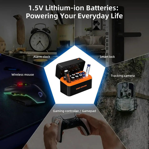 Image showing 8 Pack High Capacity 3600mWh AA Li-ion Rechargeable Batteries With Charger surrounded by everyday devices.