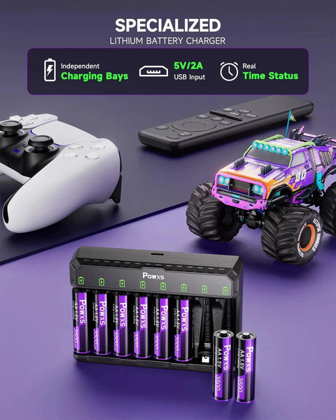 8 Pack Rechargeable AA/AAA Batteries With USB-C Charger And 3500mWh Capacity next to gaming controller and toy truck