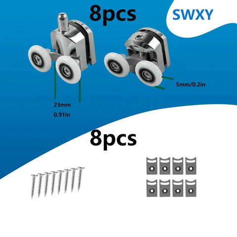 8 Piece Shower Door Roller Set, 23mm Aluminum Alloy Replacement Rollers for 4 to 6mm Glass Doors with Anti Collision Block and Screws
