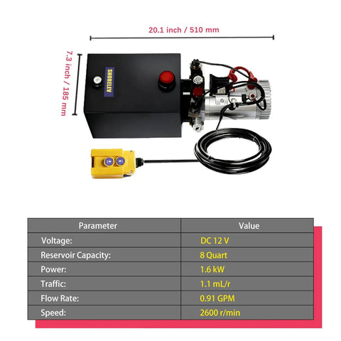 Heavy Duty 8 Quart 12V DC Hydraulic Power Unit Double Acting For Dump Trailers Lift Gates And Truck Hoists, top view