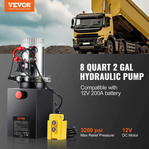 8 Quart Hydraulic Power Unit, Double Acting Dump Trailer Pump, 0.91 GPM Flow Rate, 3200 PSI Max Relief Pressure, DC 12V Hydraulic Pump with truck