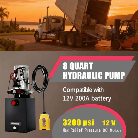 Heavy Duty 8 Quart 12V DC Hydraulic Power Unit with iron reservoir for dump trailers and lift gates, 3200 PSI, SHORELEV Compatible