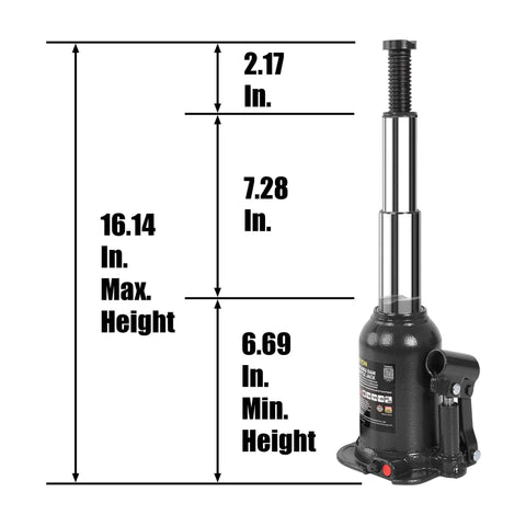 Heavy Duty 8 Ton Double Ram Hydraulic Bottle Jack for Auto Repair and Home Lifts by Torin ATH80802XB with lift range measurements