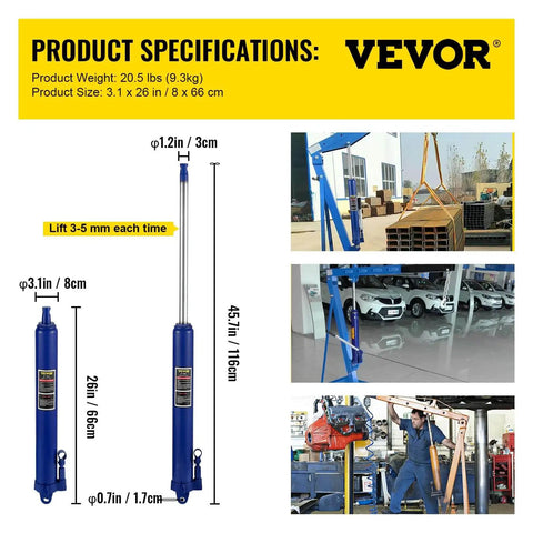Beefy 8 Ton Hydraulic Long Ram Jack With Single Piston Pump And Clevis Base for garage cranes, blue color, in use