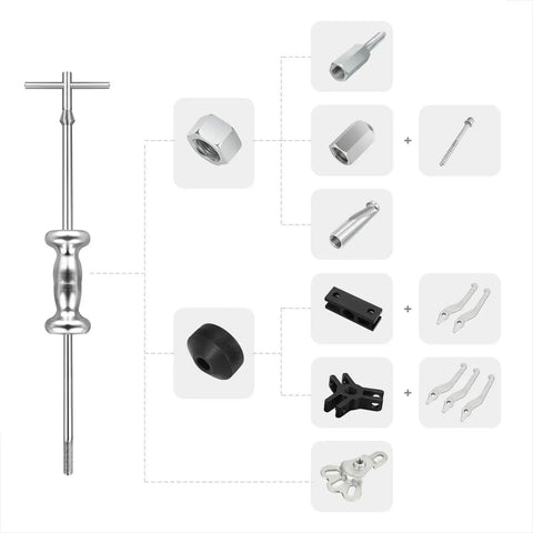 8-Way Slide Hammer Dent Puller Set with 5 lb Hammer Auto Body Repair Kit for front wheel drive hubs and rear axle shafts includes case