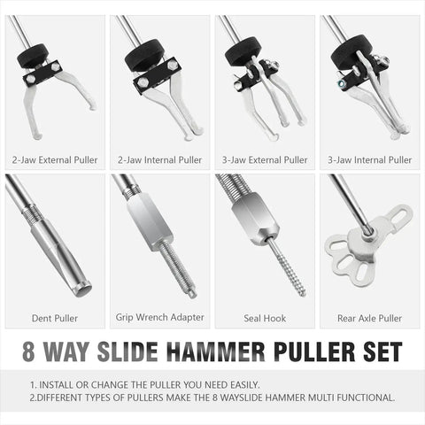 Tools from the 8-Way Slide Hammer Dent Puller Set for auto body repair, including 2-Jaw and 3-Jaw pullers, dent puller, and rear axle puller.
