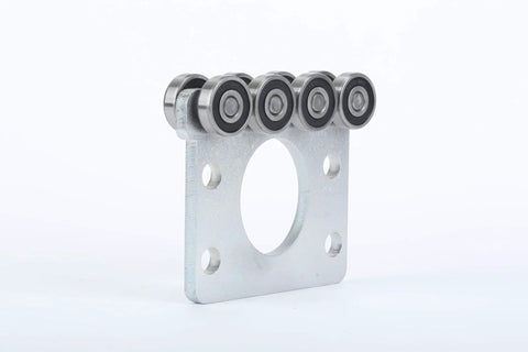 8 Wheel Trolley Assembly Rollers with Sealed Bearings for 1-5/8 Inch Strut Channel in Q235 Steel, side view.
