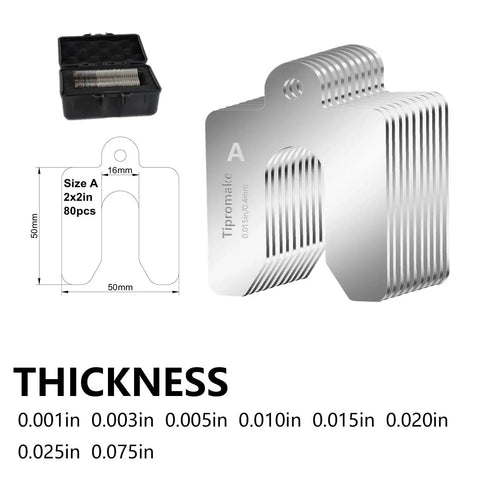 80 Piece 2 By 2 Inch Shim Stock Set With Storage Box, 304 Stainless Steel Slotted Shims for Leveling and Machining, eight thicknesses.