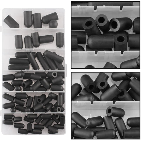 80-piece black rubber vacuum hose caps set in a clear plastic storage box, 6 sizes, automotive carburetor vacuum plugs.