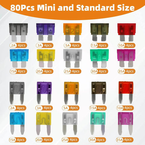 80 Piece Car Fuses Kit With Standard And Mini Blade Fuses From 2A To 35A, Color Coded For Easy Identification, Includes Fuse Puller