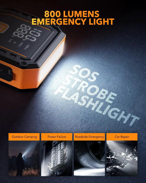 6000A Jump Starter For Gasoline And 12L Diesel Engines Portable Car Battery Jumper Starter 12V Lithium Jump Box with LED flashlight feature displayed