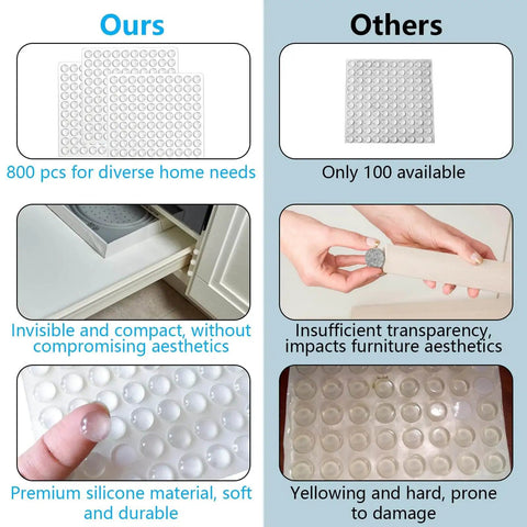 Comparison of 800 Pack Clear Cabinet Door Bumpers Self Adhesive Cushions vs 100 pack highlighting visibility, material, and durability.