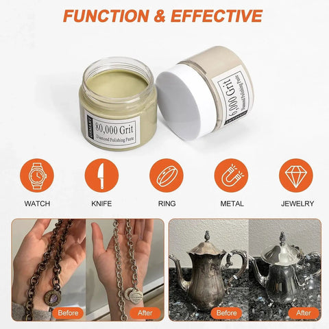 80000 Grit Diamond Polishing Paste With Twenty Five Percent Diamond Powder Point One Micron For Metal Glass Stone Resin Watch Jewelry Gemstones Oil Based High Performance Delivers Mirror Like Finish On Metal Glass Stone Resin And Watch Parts 50 Gram Pack shown in open jar with examples of use on metal and jewelry.