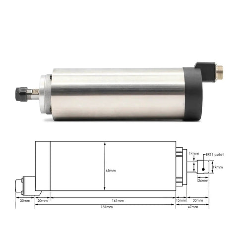 CNC Air Cooled Spindle Motor 800W ER11 with 65mm shaft and 4 bearings, showing dimensions and metal housing for milling and engraving