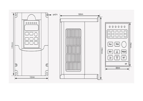 Technical diagram of 1.5kW VFD inverter for 800W ER11 CNC spindle motor with air cooling, showing dimensions and control layout.