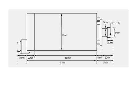 Diagram of 800W ER11 CNC Spindle Motor With Air Cooling, with 65mm mount dimensions and ER11 collet specifications.