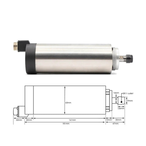 800W ER11 CNC Spindle Motor With Air Cooling, 65mm Mount, detailed side view, smooth stainless steel cylindrical design