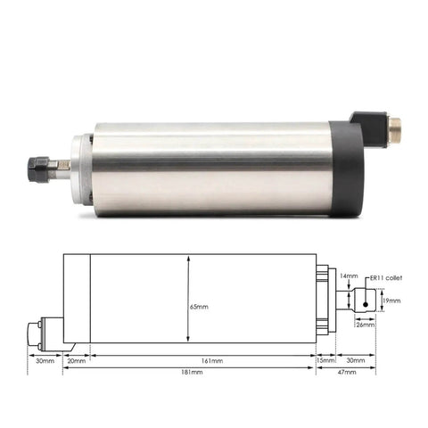800W ER11 CNC Spindle Motor with Air Cooled Design, 65mm Shaft, 4 High Speed Bearings, and VFD Inverter, engineering diagram view