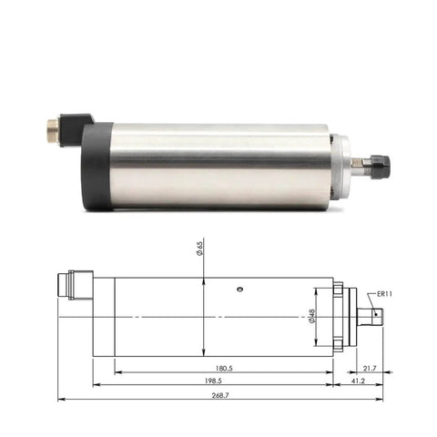 CNC Air Cooled Spindle Motor 65mm with 4 bearings, 800W ER11 Chuck, 220V optional 380V aluminum housing, side view with schematic.
