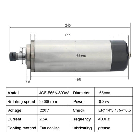 Diagram of 800W CNC Spindle For Hobbyists And Pros, 220V And 380V Circular Air Cooled ER11 65mm with dimensions and specifications.
