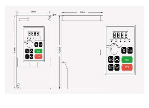 Diagram of the 1.5kW VFD inverter for Beefed Up 800W ER11 CNC Spindle Motor showing dimensions and control panel layout.