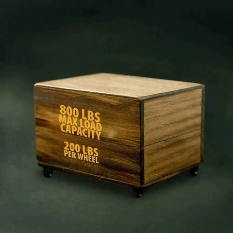 Wooden box on 1.5 Inch Heavy Duty Polyurethane Caster Wheels, Rigid Fixed Non Swivel, supporting 800 lbs total capacity