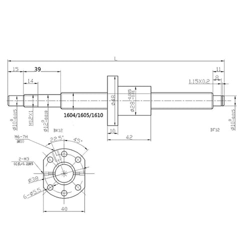 Technical drawing of 800mm SFU1605 CNC Ball Screw Kit with Ballnut, BK12 BF12 End Supports & Coupler, RM1605 Ballscrew