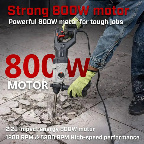 800W SDS Plus Rotary Hammer Drill in use, demolishing concrete with demolition chisels and drill bits, strong 800W motor