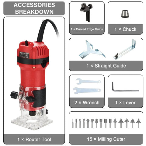 800W Handheld Wood Router Kit With 31000 RPM And 15 Piece 1 Quarter Inch Bit Set showing accessories and guides.