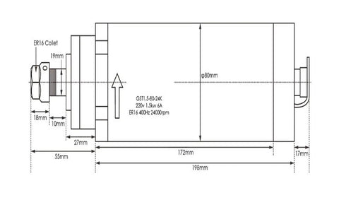 Technical diagram of 80mm 1.5kW ER16 Air Cooled CNC Spindle With Beefy Four P4 Bearings, 0.01mm Runout, Aluminum Housing, 220V Power.