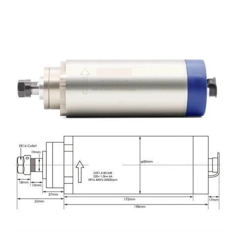 80mm 1.5kW ER16 Air Cooled CNC Spindle With Beefy Four P4 Bearings, 0.01mm Runout, Aluminum Housing, diagram and dimensions shown