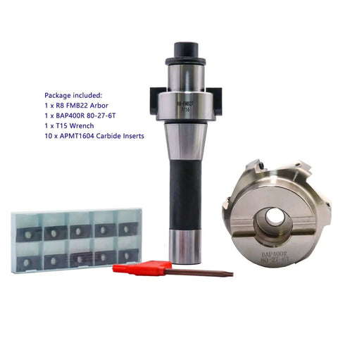 80mm Face End Mill Cutter With 3.15 Inch Diameter And 6 Flutes Indexable CNC Shell Cutter For Boss Grade Precision Aluminum And Steel Machining Includes R8 Arbor Seven Sixteenths By Twenty Thread Ten APMT1604 Carbide Inserts And T15 Wrench