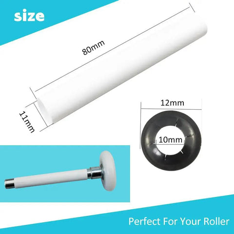 80mm Garage Door Hinge Quiet Roller Sleeves Kit with Roller and Shaft Gaskets, showing sleeve size and components, for noise reduction and smooth rolling.