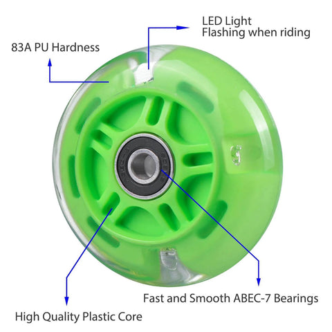 Green 80mm Light Up Scooter Rear Wheel with ABEC-7 Bearing and LED lights, showing 83A PU hardness and high-quality plastic core.