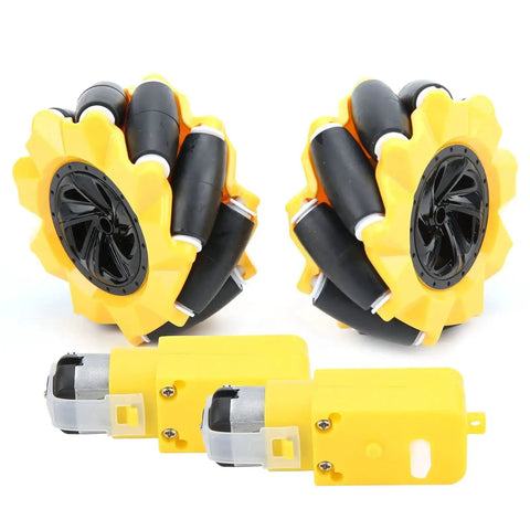 Mecanum Wheel For Geared Motor Robot Car Parts Accessories Rubber Coated 80mm Diameter, shown with yellow hub and paired motors