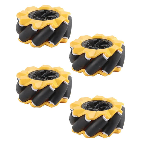 Omni Directional Mecanum Wheel Kit For DIY Smart Robot Cars, 80mm Rubber Coated Wheels With Smooth Running, two pairs displayed.